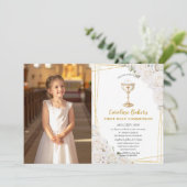 Invitation White Floral First Holy Communion Gold Chalice (Debout devant)
