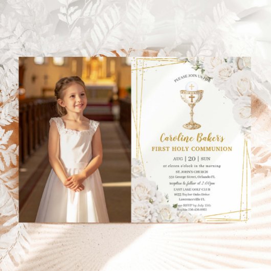 Invitation White Floral First Holy Communion Gold Chalice