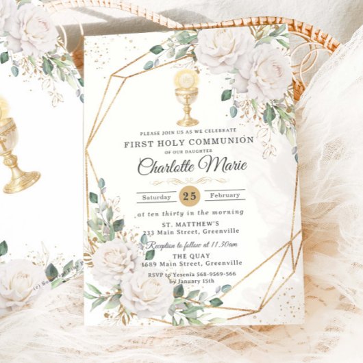 Invitation White Floral First Holy Communion Gold Chalice