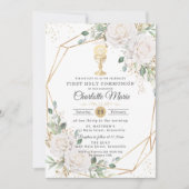 Invitation White Floral First Holy Communion Gold Chalice (Devant)