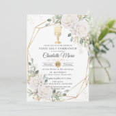 Invitation White Floral First Holy Communion Gold Chalice (Debout devant)