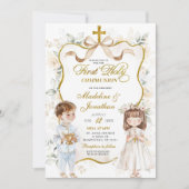 Invitation White Floral Garçon et fille Première sainte commu (Devant)
