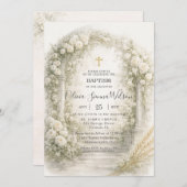 Invitation White Floral Garden Wheat Baptism Christening (Devant / Derrière)