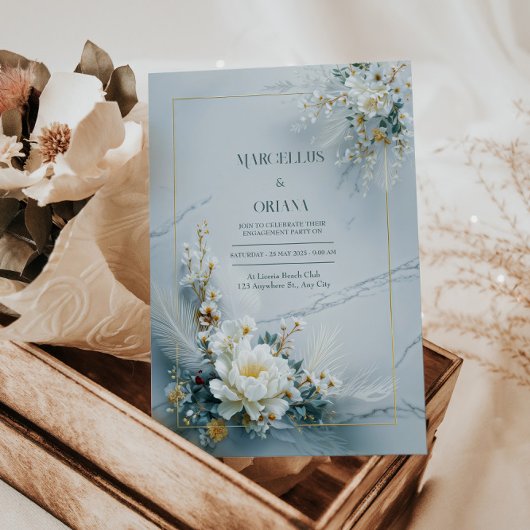 Invitation White Floral Gold Frame Marble Texture Wedding