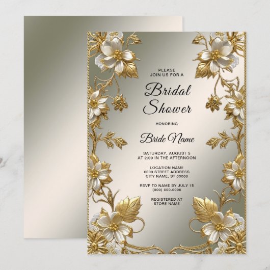 Invitation White Floral Gold Ornate Douche nuptiale Invitatio (Devant / Derrière)