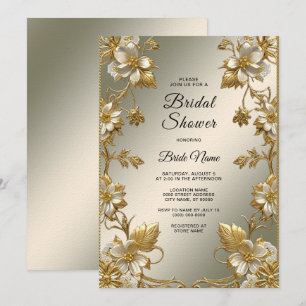 Invitation White Floral Gold Ornate Douche nuptiale Invitatio