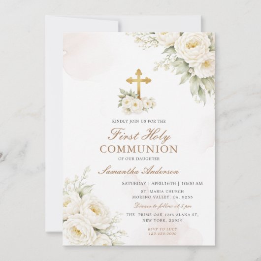 Invitation White Floral Ivory First Holy Communion  (Devant)