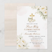 Invitation White Floral Ivory First Holy Communion  (Devant / Derrière)