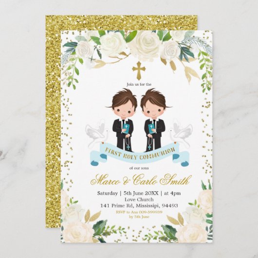 Invitation White Floral Twin Boy First Holy Communion (Devant / Derrière)