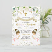 Invitation White Floral Twin Girl First Holy Communion (Debout devant)
