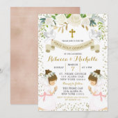 Invitation White Floral Twin Girl First Holy Communion (Devant / Derrière)