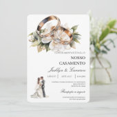 Invitation White Floral with ring Portuguese Wedding (Debout devant)