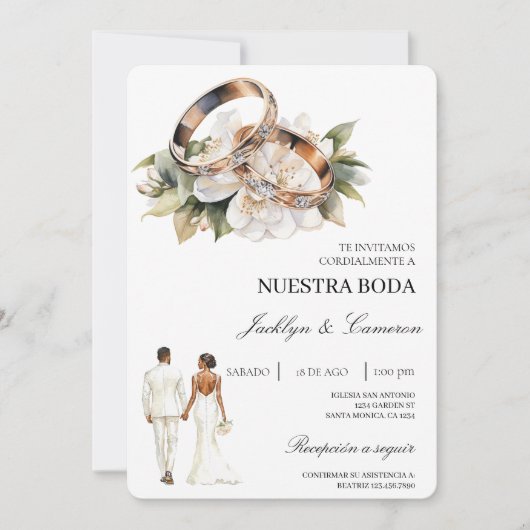 Invitation White Floral with ring Spanish Wedding (Devant)