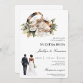 Invitation White Floral with ring Spanish Wedding (Devant / Derrière)