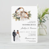 Invitation White Floral with ring Spanish Wedding (Debout devant)