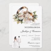 Invitation White Floral with ring Spanish Wedding (Devant / Derrière)