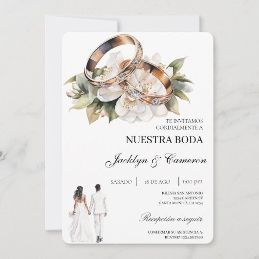 Invitation White Floral with ring Spanish Wedding (Devant)