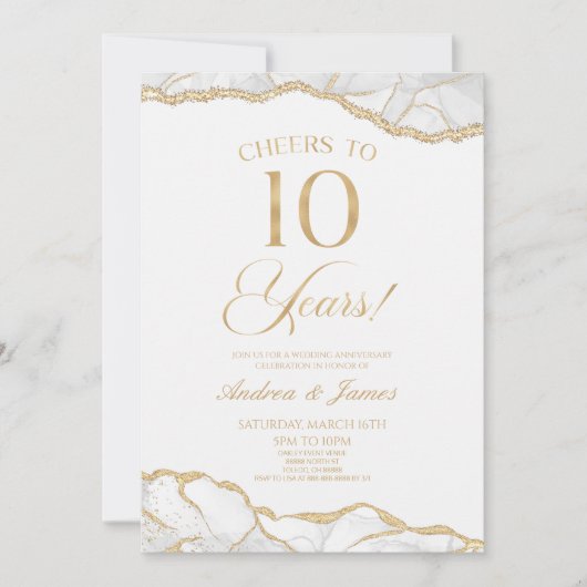 Invitation White Gold Agate 10e fête Mariage (Devant)
