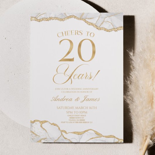 Invitation White Gold Agate 20e fête Mariage Anniversaire