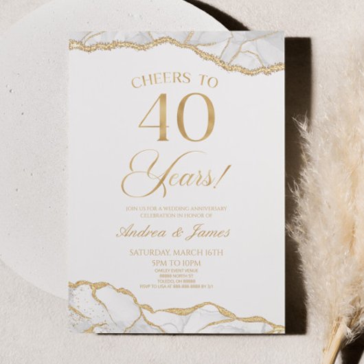 Invitation White Gold Agate 40e fête d'anniversaire du Mariag
