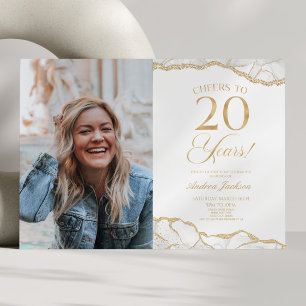 Invitation White Gold Agate Photo 20e fête d'anniversaire