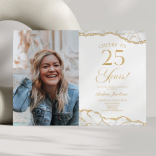 Invitation White Gold Agate Photo 25e fête d'anniversaire
