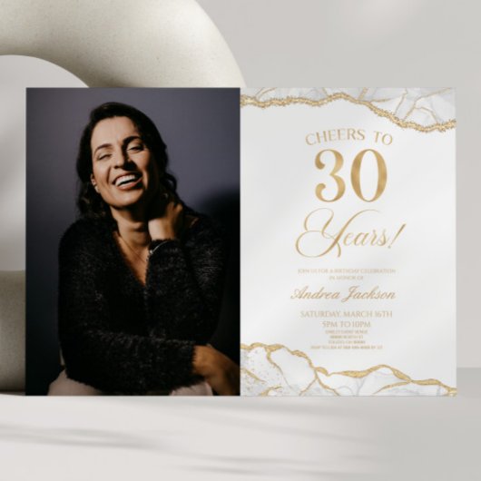 Invitation White Gold Agate Photo 30e fête d'anniversaire