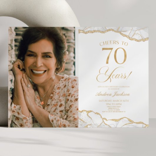 Invitation White Gold Agate Photo 70e fête d'anniversaire