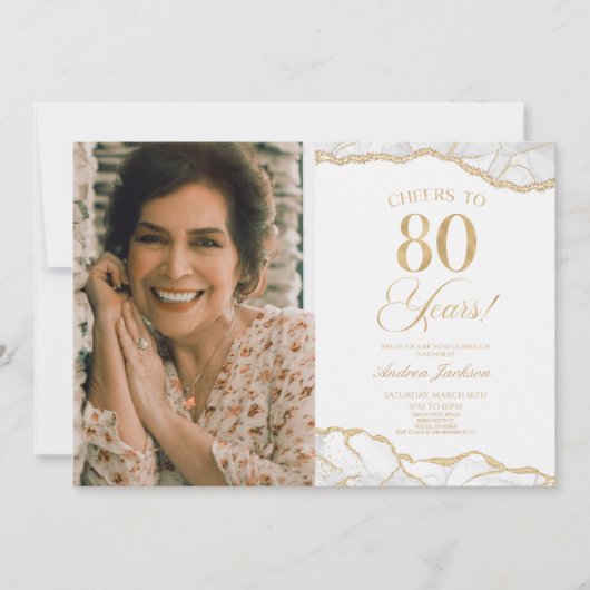 Invitation White Gold Agate Photo 80e fête d'anniversaire (Devant)