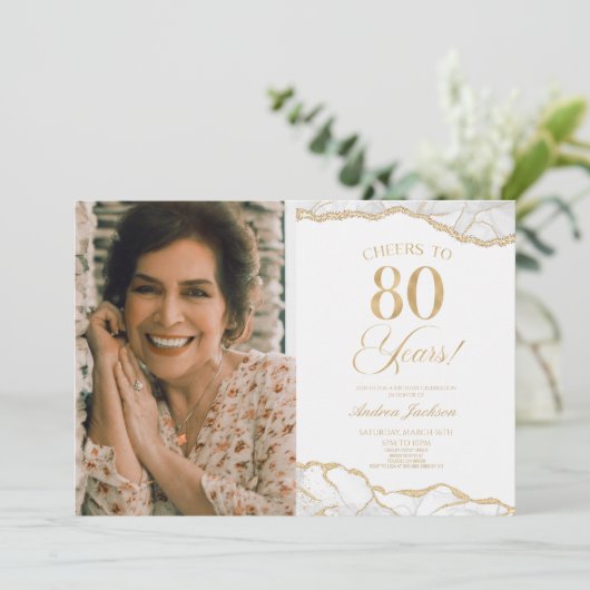 Invitation White Gold Agate Photo 80e fête d'anniversaire (Debout devant)