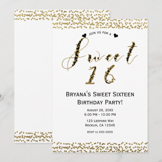 Invitation White Gold & Black Chic Sweet 16 Anniversaire (Devant / Derrière)