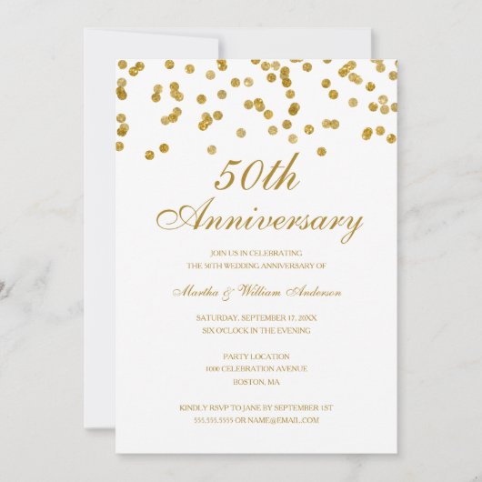 Invitation White & Gold Confetti 50e anniversaire de Mariage (Devant)