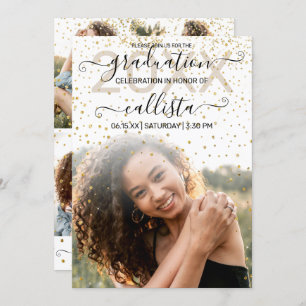 Invitation White Gold Confetti Photo Collage Graduation