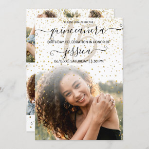 Invitation White Gold Confetti Photo Collage Quinceañera