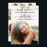 Invitation White Gold Confetti Photo Collage Sweet 16<br><div class="desc">Cette jolie et girly sweet sixteen anniversaire photo collage invitation est parfait pour la fille branchée et élégante. Il présente des confettis de parties scintillant en chute brillante imbriquée d'or sur un dégradé de fond blanc et large avec une élégante typographie de script cursive écrite en noir. Sur le dos,...</div>