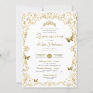 Invitation White Gold Elegant Baroque Regal Quinceanera