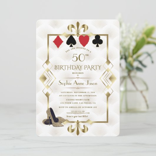 Invitation White Gold Fleur-de-Lis Casino Vegas Poker Anniver (Debout devant)