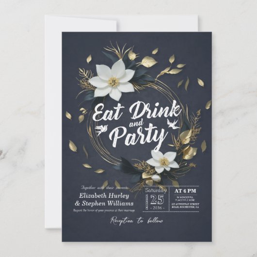 Invitation White Gold Floral Wreath EAT Boire & Mariage de fê (Devant)