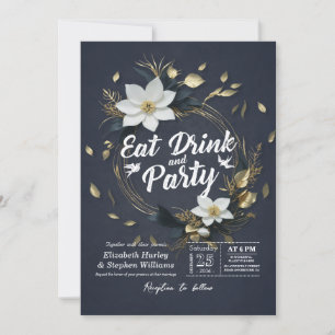 Invitation White Gold Floral Wreath EAT Boire & Mariage de fê