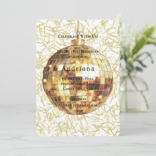 Invitation White Gold Glam Glitzy Disco Ball Birthday (Debout devant)