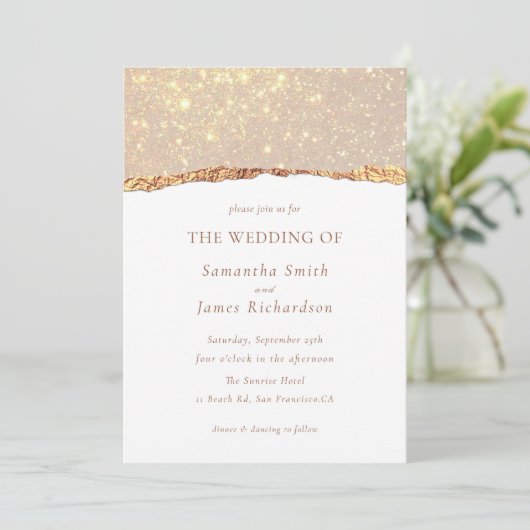 Invitation White Gold Glitter Marble Wedding  (Debout devant)