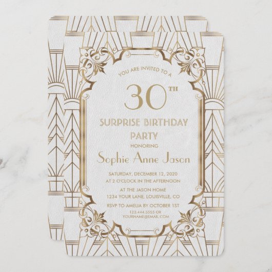 Invitation White Gold Great Gatsby Art Déco fête d'anniversai (Devant / Derrière)