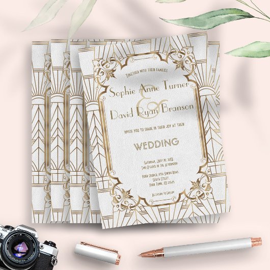 Invitation White Gold Great Gatsby Art Déco Mariage des année
