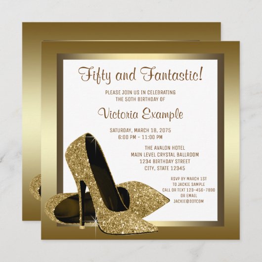 Invitation White Gold High Heel Womans 50e fête d'anniversair (Devant / Derrière)