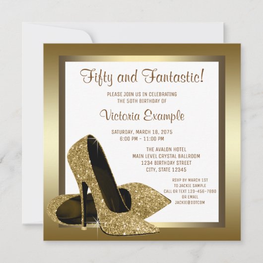 Invitation White Gold High Heel Womans 50e fête d'anniversair (Devant)