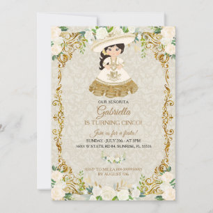 Invitation White & Gold Mexicaine Girl Turning Cinco Party