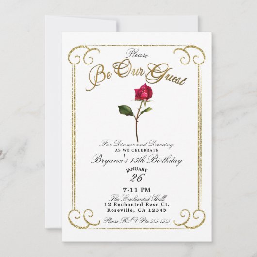 Invitation White & Gold Red Rose Beauté Anniversaire (Devant)