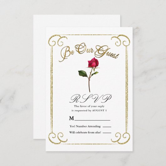 Invitation White & Gold Red Rose Beauté Wedding Réponse RSVP (Devant / Derrière)