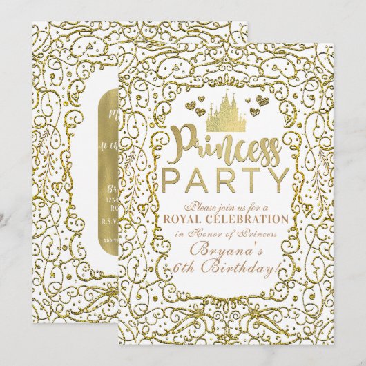 Invitation White & Gold Royal Castle PRINCESS PARTY Anniversa (Devant / Derrière)
