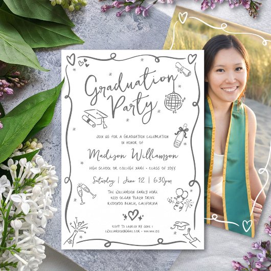Invitation White Gray Hand Drawn Doodle Photo Graduate Party